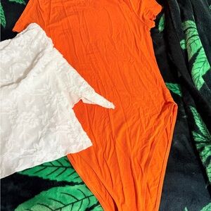 Orange Bodysuit + white strapless top